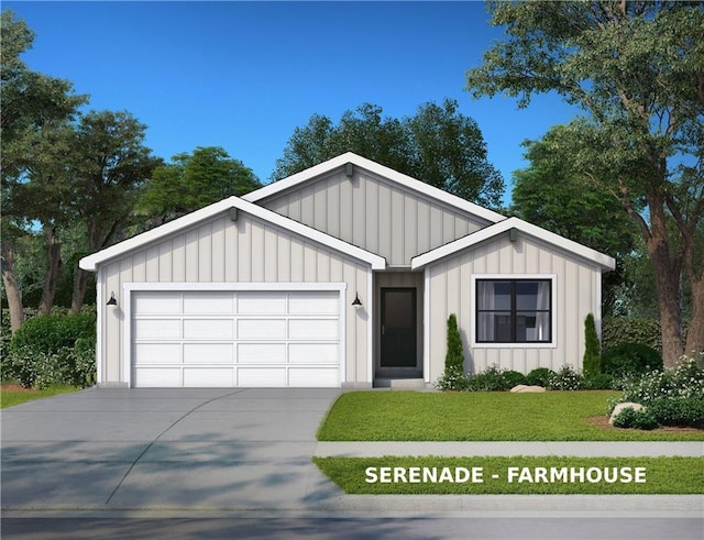 view of front facade with board and batten siding, a front yard, driveway, and a garage