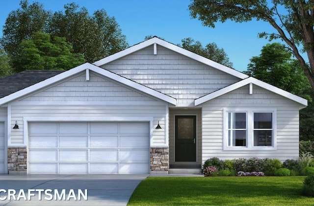 view of front of property with a garage, a front yard, concrete driveway, and stone siding