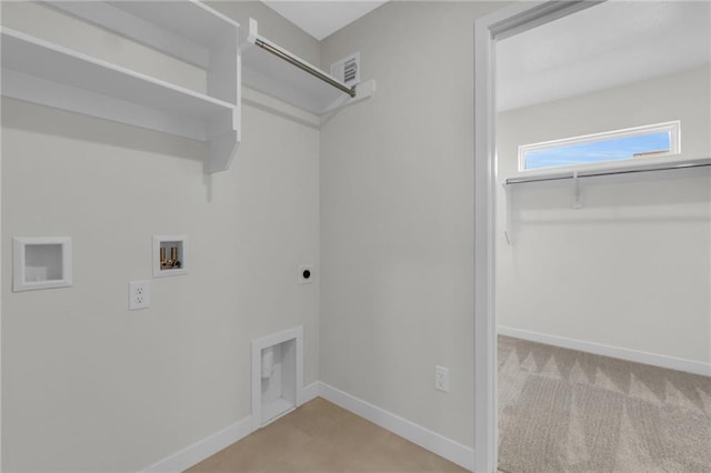 washroom with laundry area, baseboards, visible vents, hookup for a washing machine, and electric dryer hookup