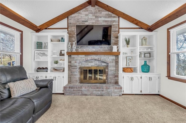 living room featuring light carpet, lofted ceiling with beams, and a textured ceiling