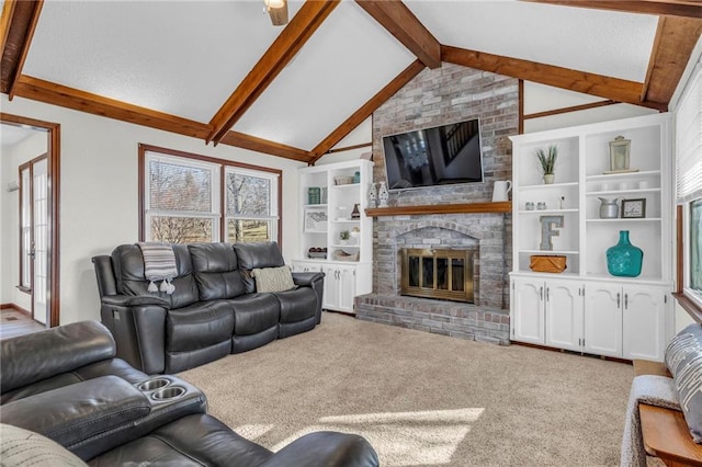 living room with vaulted ceiling with beams, light carpet, and a wealth of natural light