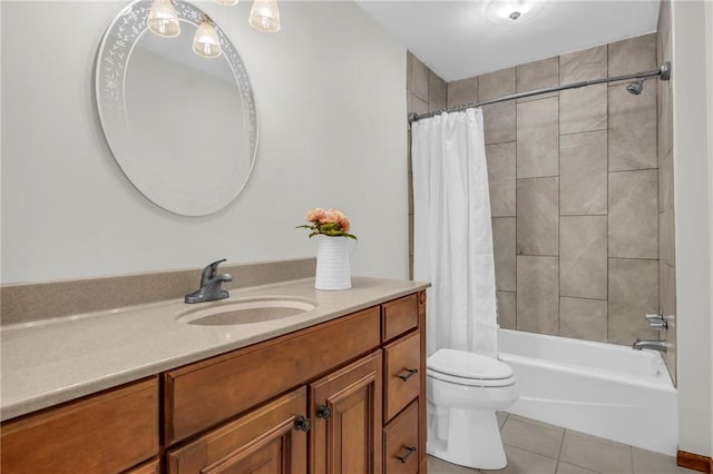 full bathroom featuring toilet, shower / bath combination with curtain, vanity, and tile patterned floors