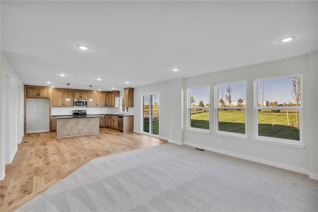 kitchen with pendant lighting, stainless steel appliances, light hardwood / wood-style floors, and a kitchen island