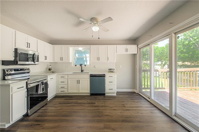 kitchen with decorative backsplash, appliances with stainless steel finishes, sink, dark hardwood / wood-style floors, and white cabinetry