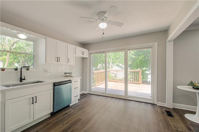 kitchen featuring dishwasher, dark hardwood / wood-style floors, white cabinetry, and sink