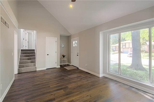 foyer featuring high vaulted ceiling, dark hardwood / wood-style floors, and a wealth of natural light