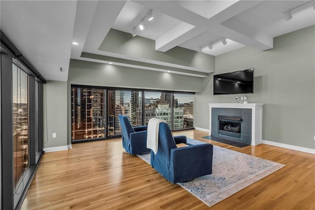 living room featuring beam ceiling, a fireplace, wood-type flooring, and track lighting