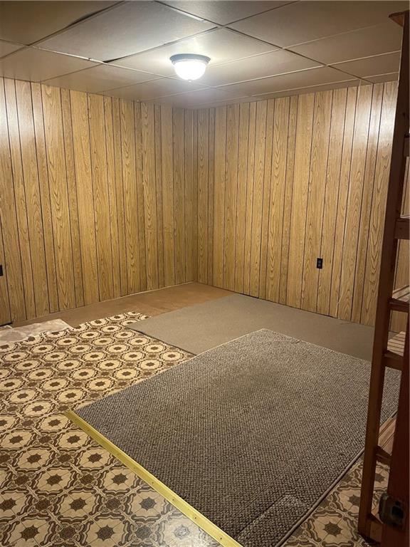 finished basement featuring wooden walls