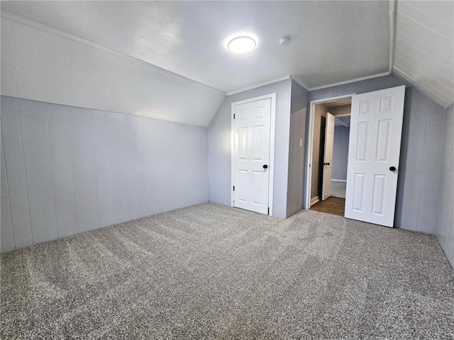 additional living space with dark colored carpet and vaulted ceiling