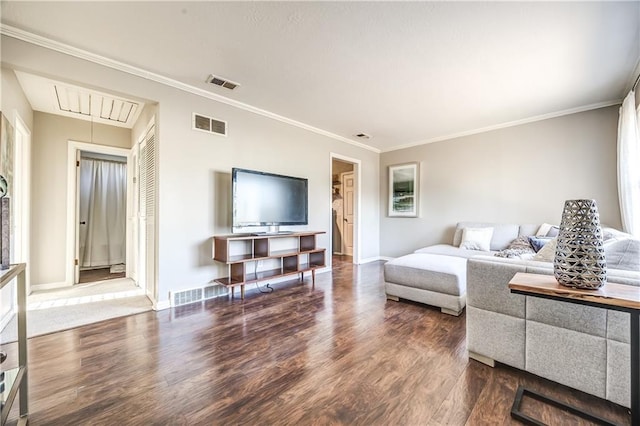 living room with dark hardwood / wood-style floors and ornamental molding