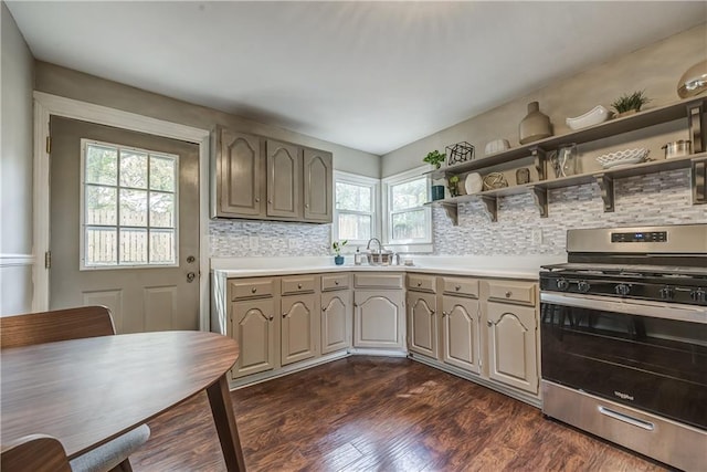 kitchen with dark hardwood / wood-style floors, sink, backsplash, and stainless steel stove