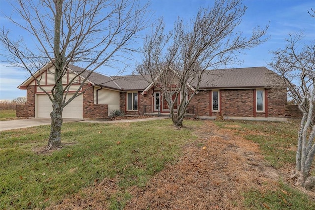 ranch-style home featuring a garage and a front lawn