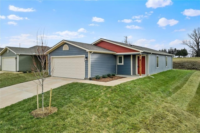 single story home featuring a front yard and a garage