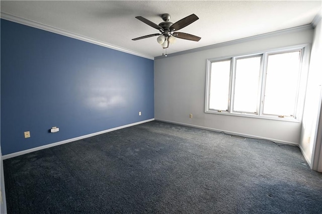 carpeted empty room featuring ceiling fan and ornamental molding