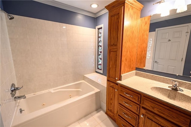 bathroom featuring vanity, tile patterned floors, tiled shower / bath, and ornamental molding