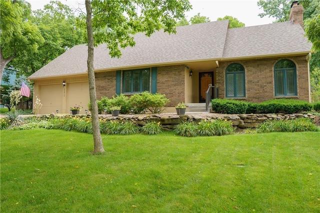 22812 E Bradford Ln, Blue Springs, MO 64015 - view of front of house with a chimney, a shingled roof, an attached garage, a front lawn, and brick siding