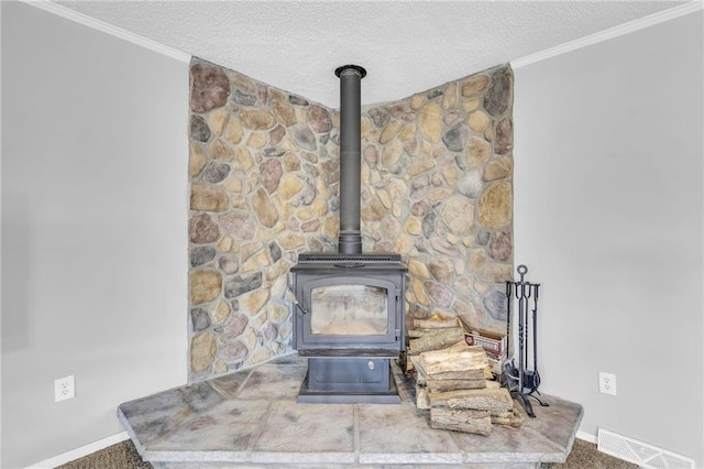 interior details featuring carpet flooring, a wood stove, a textured ceiling, and ornamental molding