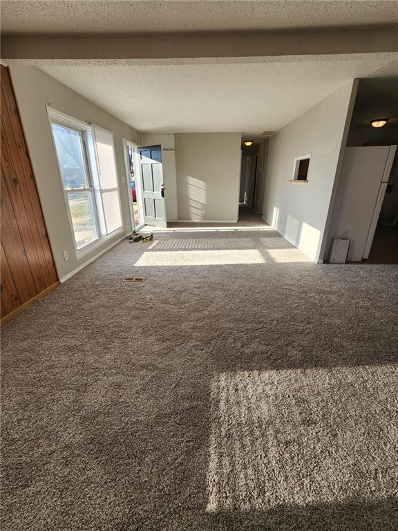 unfurnished living room featuring wood walls, carpet, and a textured ceiling