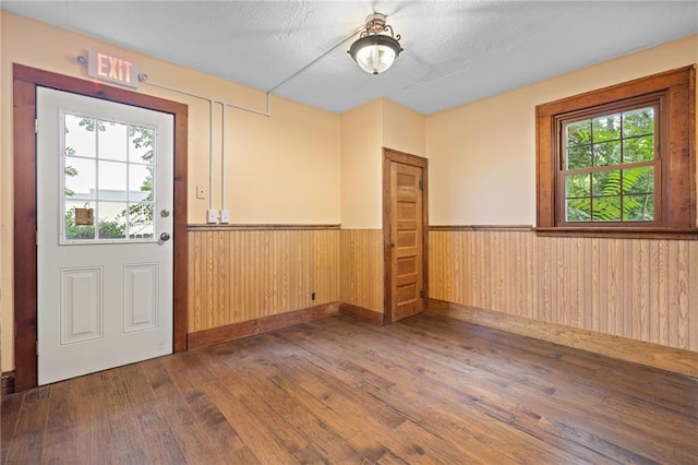 entryway with wood walls, plenty of natural light, and dark hardwood / wood-style floors