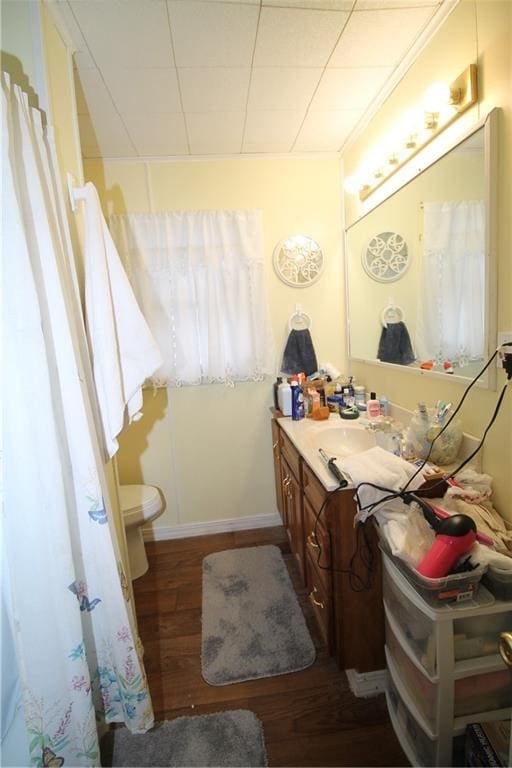 bathroom featuring vanity, hardwood / wood-style flooring, and toilet