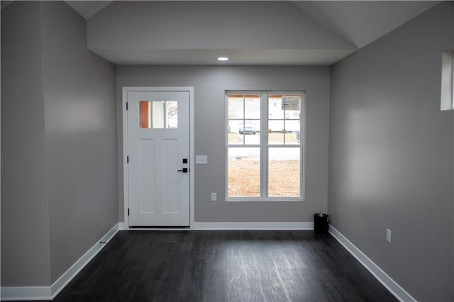 entryway with lofted ceiling and dark hardwood / wood-style flooring