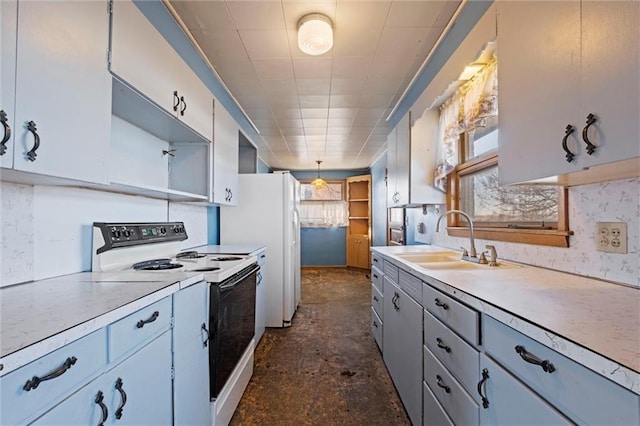 kitchen with white cabinets, white electric range oven, sink, and hanging light fixtures