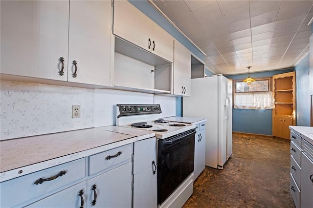 kitchen featuring white cabinets, white appliances, and decorative light fixtures