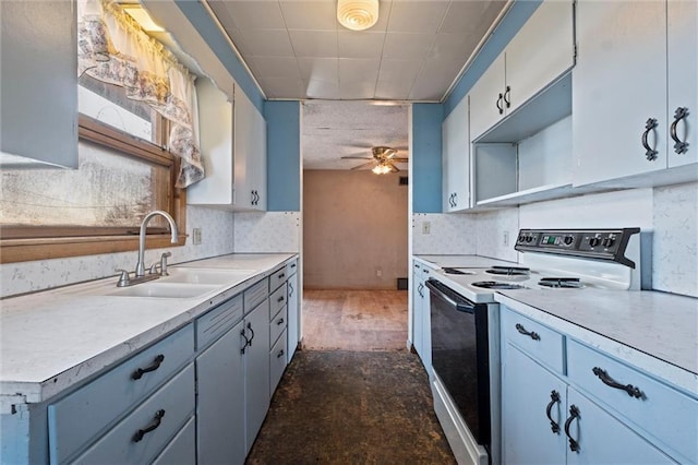 kitchen with backsplash, ceiling fan, sink, and white electric range