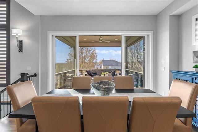 1106 Saxony Ct, Warrensburg, MO 64093 - dining space featuring a ceiling fan and wood finished floors