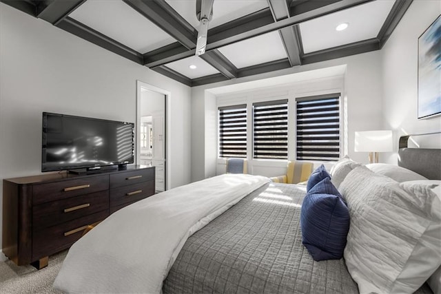 carpeted bedroom with connected bathroom, beamed ceiling, and coffered ceiling