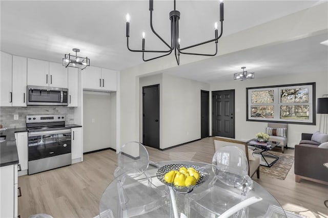 kitchen featuring decorative backsplash, light wood-type flooring, stainless steel appliances, and white cabinetry