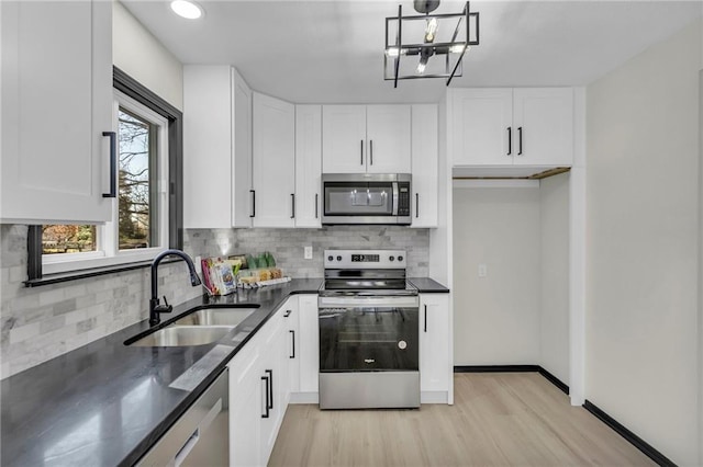 kitchen with sink, stainless steel appliances, light hardwood / wood-style flooring, backsplash, and white cabinets