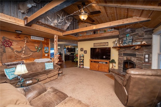 living room featuring beamed ceiling, ceiling fan, wood ceiling, and high vaulted ceiling