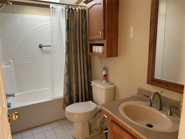 full bathroom featuring tile patterned floors, shower / bath combination with curtain, toilet, and vanity