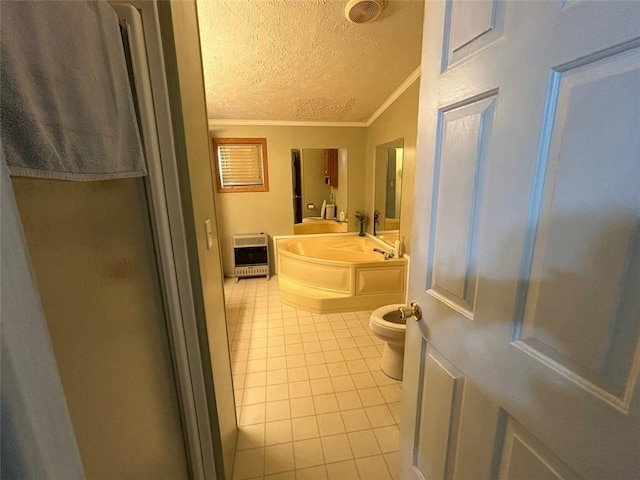 bathroom with tile patterned floors, heating unit, crown molding, a textured ceiling, and a bathtub