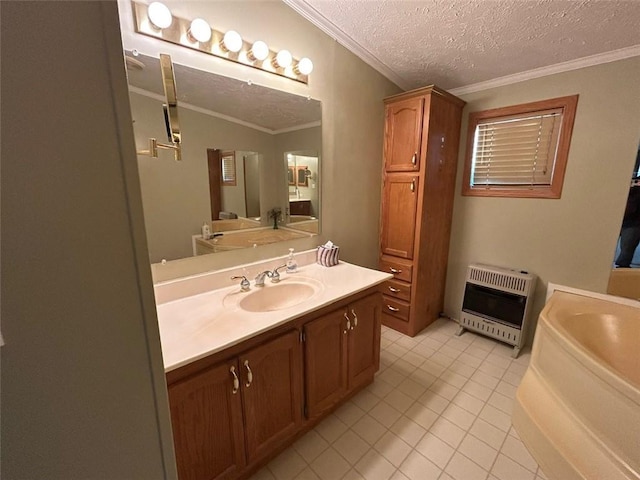 bathroom featuring a textured ceiling, lofted ceiling, crown molding, and heating unit