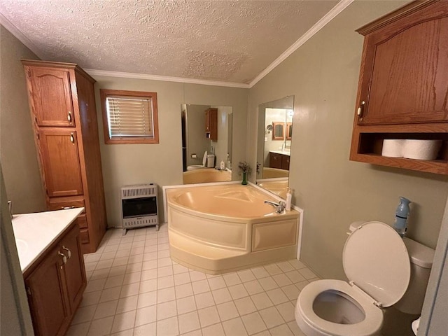 bathroom featuring a washtub, lofted ceiling, a textured ceiling, and heating unit