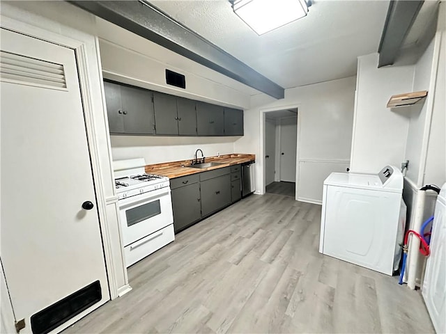 kitchen with sink, stainless steel dishwasher, light wood-type flooring, white range oven, and butcher block counters