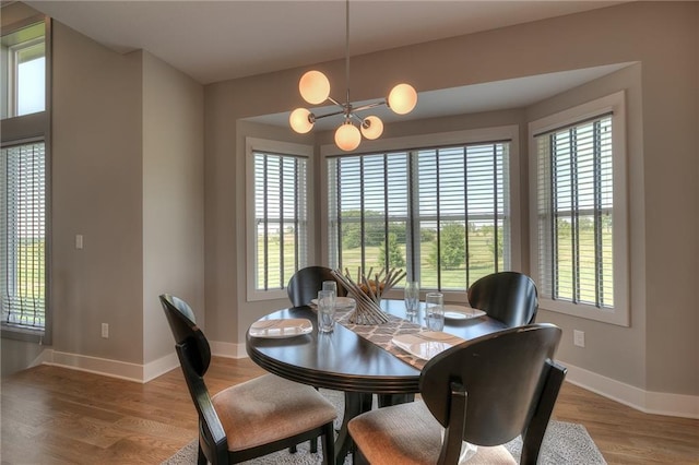 dining room with wood-type flooring, a chandelier, and a wealth of natural light