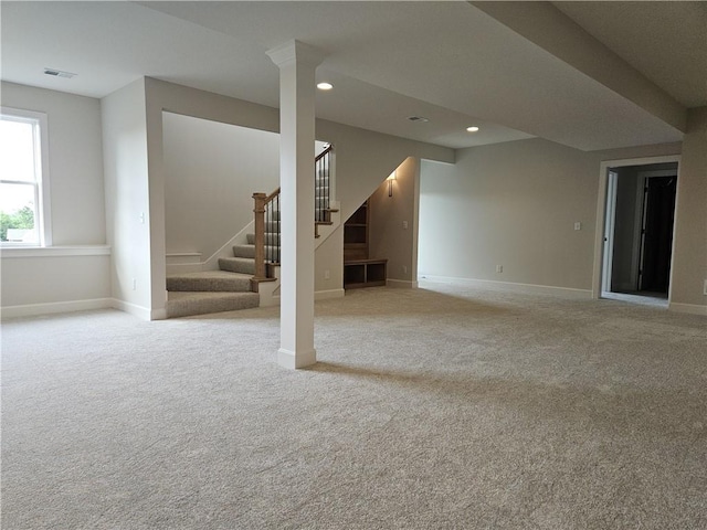 14608 Aspen Cir, Basehor, KS 66007 - basement featuring light colored carpet, stairs, and recessed lighting