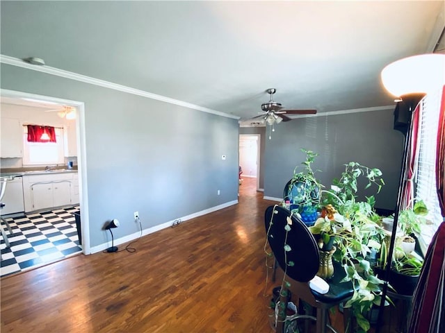 interior space featuring dark wood-type flooring, crown molding, and sink