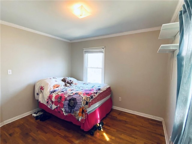 bedroom with crown molding and dark wood-type flooring