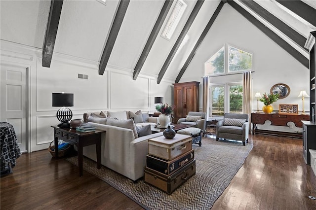 living room featuring visible vents, beamed ceiling, high vaulted ceiling, dark wood-type flooring, and a decorative wall