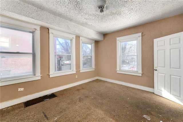 spare room with a textured ceiling, carpet flooring, and plenty of natural light