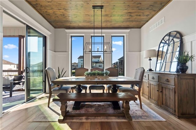 dining room featuring light hardwood / wood-style flooring and wood ceiling