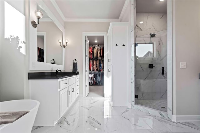 bathroom with vanity, ornamental molding, and plus walk in shower