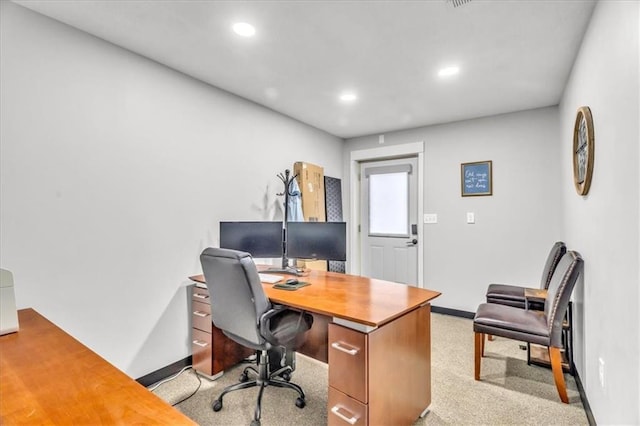 office with baseboards, recessed lighting, and light colored carpet