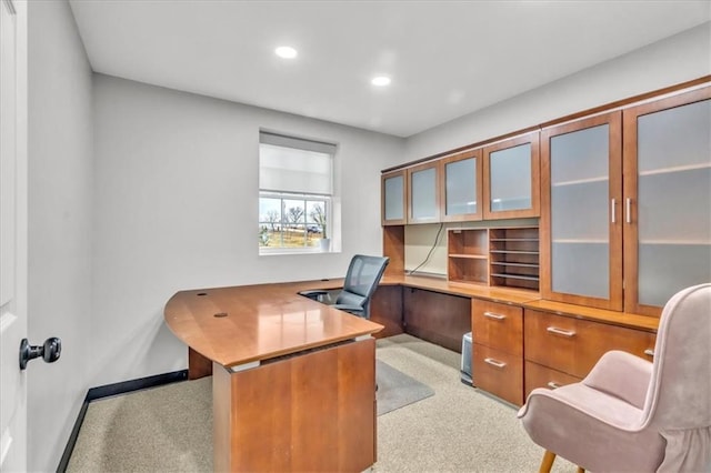 office space with light carpet, baseboards, and recessed lighting