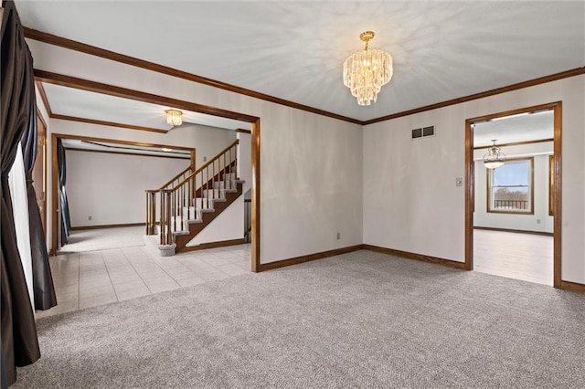 carpeted empty room with an inviting chandelier and crown molding