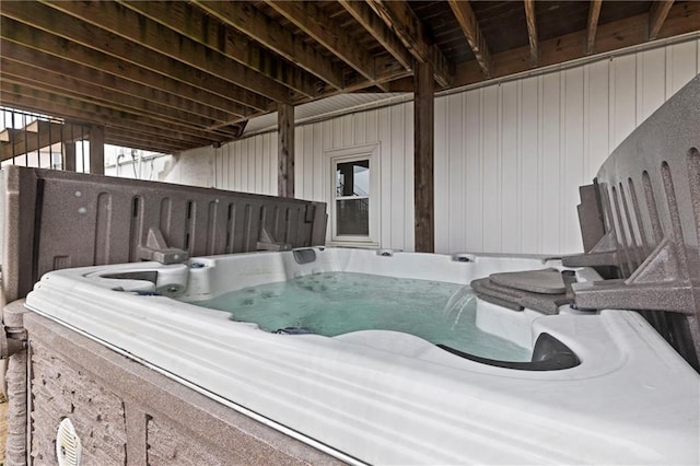 exterior space featuring a hot tub